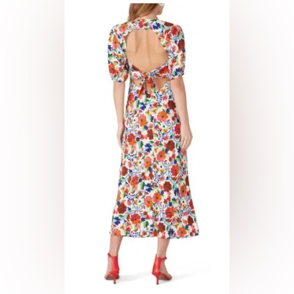 RIXO Steph floral cut out puff sleeve midi dress cream multicolor retro size 6 - Picture 3 of 16